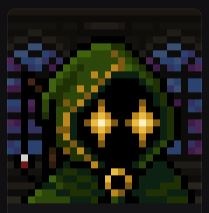 A pixel art icon depicting a hooded figure with glowing yellow eyes and a dark void face against a stained glass window background, likely from the video game Darkest Dungeon.