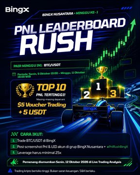 A promotional graphic for BingX titled "PNL Leaderboard Rush" for BingX Nusantara - Minggu Ke - 1, offering prizes for the top 10 PNL Tertinggi in BTC/USDT trading between October 9-13, 2026, with a $5 voucher and $5 USDT prize pool.