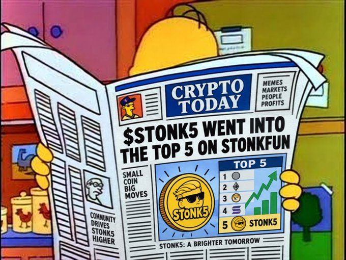 A cartoon parody of Homer Simpson reading a newspaper called 'CRYPTO TODAY' with the headline '$TONK5 WENT INTO THE TOP 5 ON STONKFUN', showing a 'TOP 5' list with $TONK5 at #5 and a tagline 'STONK5: A BRIGHTER TOMORROW'.
