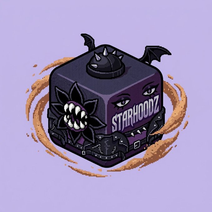 A pixel art illustration of a dark, gothic-themed cube featuring bat wings, spikes, eyes, and the text 'STARHOODZ' floating on a brown swirling background.