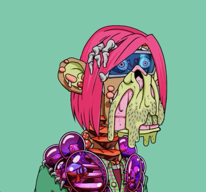 A digital cartoon illustration of a grotesque character with pink hair, big blue eyes, and a beard of slime against a teal background.