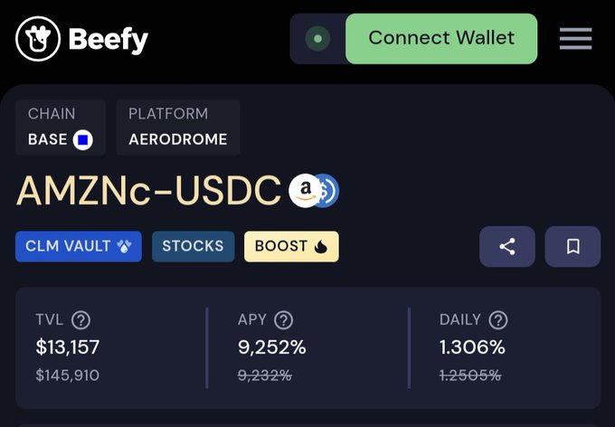 A screenshot of the Beefy (beefy.com) DeFi dashboard showing a CLM vault for the AMZNc-USDC liquidity pool on the Base chain via Aerodrome, displaying a TVL of $13,157 and an APY of 9,252%.