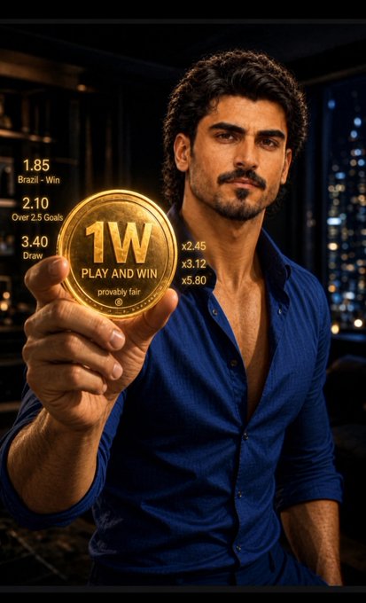 A man in a blue shirt holds up a gold '1W PLAY AND WIN' coin, surrounded by various betting odds displayed in text.
