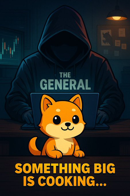 A digital illustration of a hooded figure labeled 'THE GENERAL' working on a laptop behind a cute cartoon Shiba Inu dog, with the text 'SOMETHING BIG IS COOKING...' below.