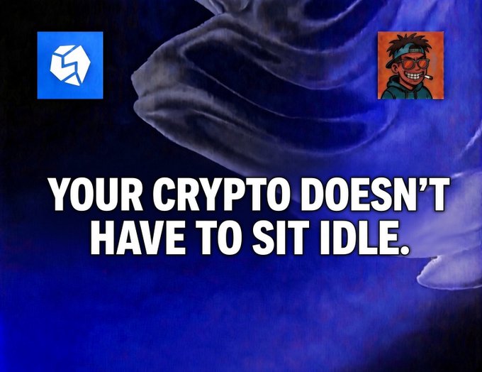 A promotional graphic with text 'YOUR CRYPTO DOESN'T HAVE TO SIT IDLE.' featuring a Gemini exchange logo and a cartoon character, set against a purple smoke background.