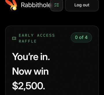 The image shows a "RabbitHole" early access raffle page with the text "EARLY ACCESS RAFFLE - 0 of 4" and a bold headline reading "You're in. Now win $2,500," promoting a reward for joining the waitlist. This relates to the accompanying post by highlighting RabbitHole as one of the early airdrop projects on the radar, like Aave App, where users can join waitlists to potentially earn rewards before the projects are diluted.
