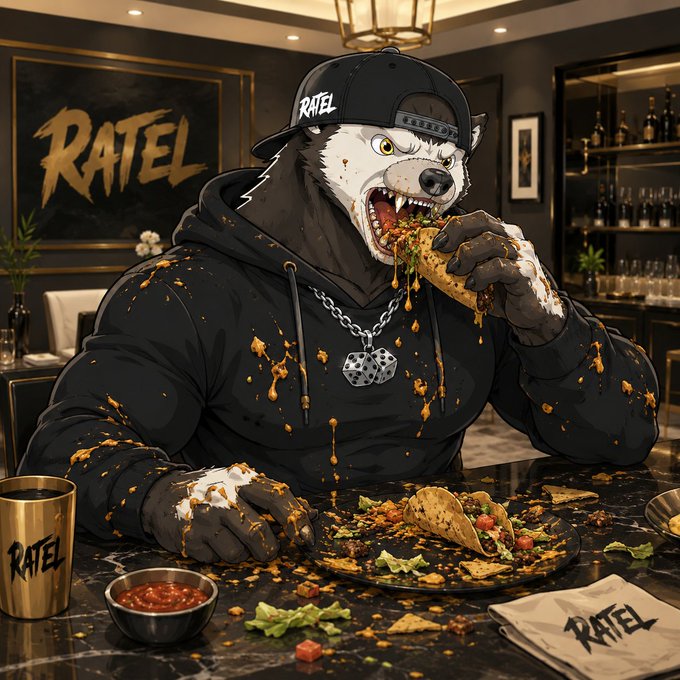 An illustration of an anthropomorphic rat wearing a black hoodie and dice necklace, aggressively eating tacos, with 'RATEL' branding visible on the background and merchandise.