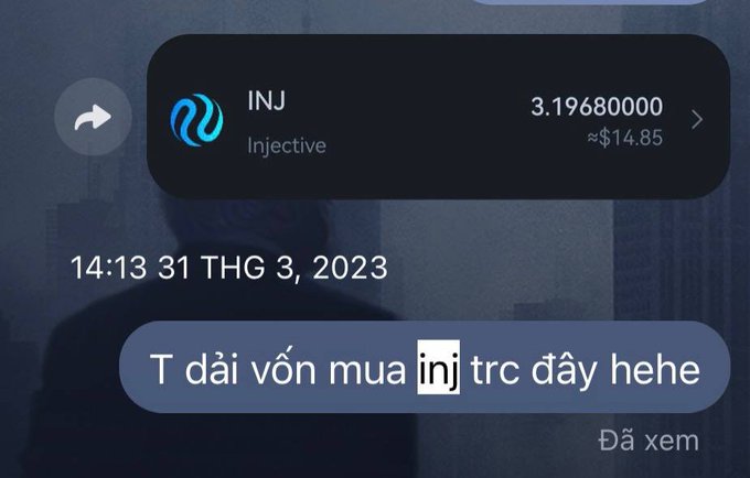 The image shows a message posted on social media, with a caption that reads "Tháng 3/2023, mình xuống tiền mua những đây là một dự án có tầm nhìn dài hạn chứ không chỉ là một con sóng ngắn hạn." The post is in Vietnamese, and it appears to be a conversation or message between two people.