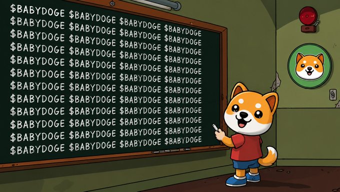 A Shiba Inu mascot points at a chalkboard filled with repeated "$BABYDOGE" text, humorously illustrating the "always be $BABYDOGE posting" caption by showing relentless, obsessive repetition of the ticker.