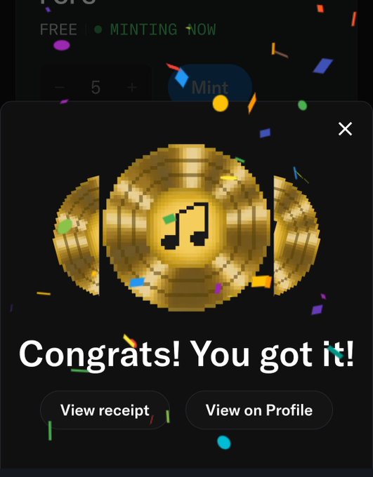 Screenshot of a Telegram-style NFT minting app showing a golden pixelated music token with confetti animation and 'Congrats! You got it!' text, along with 'View receipt' and 'View on Profile' buttons.