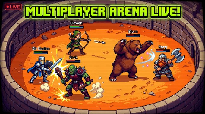 A pixel-art style game promotional image showing five characters with usernames "Sir Kaelen," "Grok," "Elowen," "Bjorn," and "Korg" battling inside a circular stone arena, with the headline "MULTIPLAYER ARENA LIVE!" and a red "LIVE" badge in the corner. The scene visually represents the text's announcement of real-time PvP combat mode, showcasing diverse hero classes (knight, orc, archer, bear, and dwarf) ready to fight.