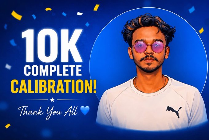 A celebratory graphic with a blue background featuring a young man wearing purple sunglasses and a white Puma t-shirt, with text reading "10K COMPLETE CALIBRATION! Thank You All" accompanied by confetti and a blue heart.