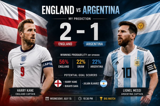 A sports prediction graphic for an England vs Argentina football match featuring Harry Kane and Lionel Messi, predicting a 2-1 England win with 56% winning probability for England.
