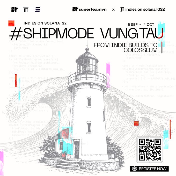 A promotional poster for '#SHIPMODE VUNG TAU' from 'INDIES ON SOLANA S2' event, dated 5 SEP - 4 OCT, featuring an illustration of a lighthouse and waves, with a QR code and 'REGISTER NOW' button.