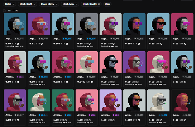 The image displays an NFT marketplace listing of 153 pixel-art Argonauts Cloak collectibles, with prices listed in ETH for various Cloak categories including Death, Clergy, Ivory, Royalty, and others, matching the updated floor prices mentioned in the post (Death at 0.8 ETH, Clergy at 0.81 ETH, Ivory at 0.94 ETH, and Royalty at 1.47 ETH).