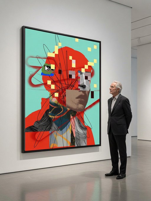 A photograph of an older man in a dark suit standing in a modern art gallery, looking at a large, framed abstract collage featuring fragmented human faces, red shapes, and chaotic lines on a mint green background.