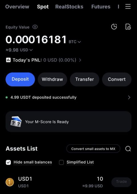 The image shows a phone screen displaying information about an asset called "Gm X", which is a type of cryptocurrency, and it has been received as payment for a tournament. The text on the screen reads "Your M-Score Is Ready". This indicates that the user's assets have been converted to MX currency, and they are ready to be used in the upcoming MMA tournament.