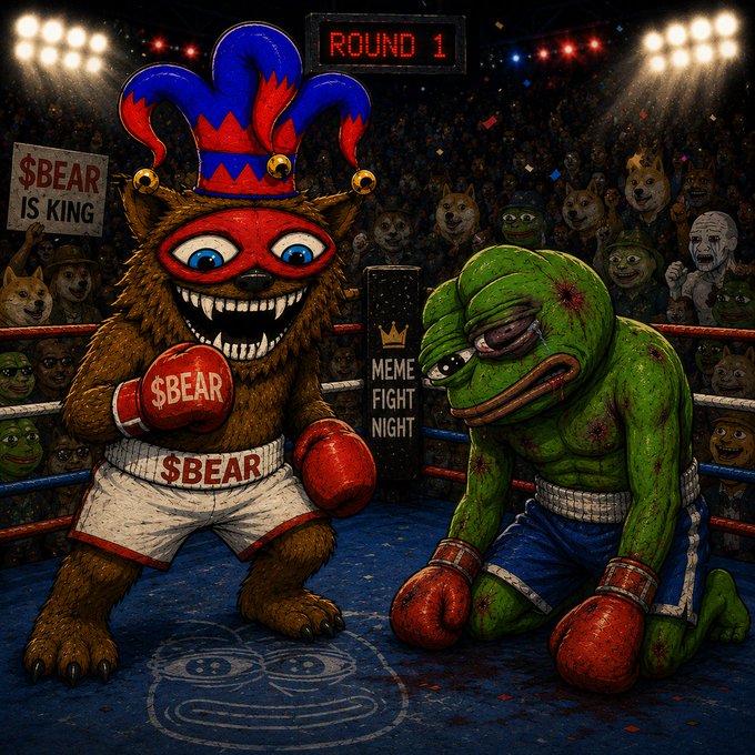 A meme depicts a boxing match titled 'Round 1' and 'MEME FIGHT NIGHT' between a bear in a jester hat labeled '$BEAR IS KING' and a beaten-up Pepe the Frog.