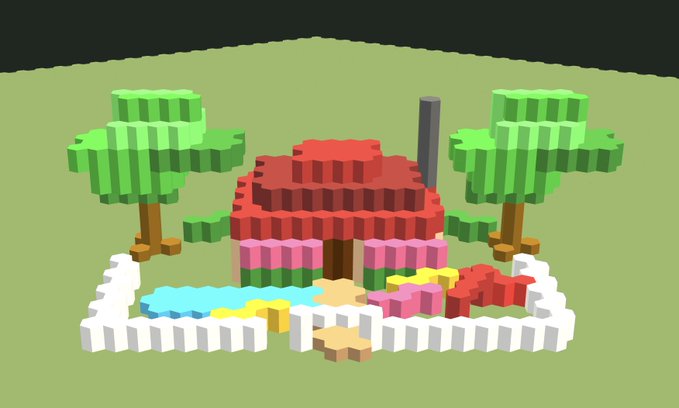 A 3D voxel-art rendering of a small house with a red roof, surrounded by palm trees, a white picket fence, and a small blue pool on a green landscape.