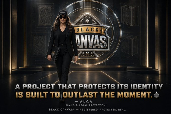 A woman in a black suit, cap, and sunglasses walks confidently toward the camera against a gold-and-black backdrop featuring the "Black Canvas" logo and playing-card motifs. Text reads "A project that protects its identity is built to outlast the moment. — ALČA, Brand & Legal Protection." The image visually reinforces the post's message about Black Canvas taking deliberate steps to trademark and safeguard its intellectual property, rather than letting its brand go unprotected like most Web3 projects.