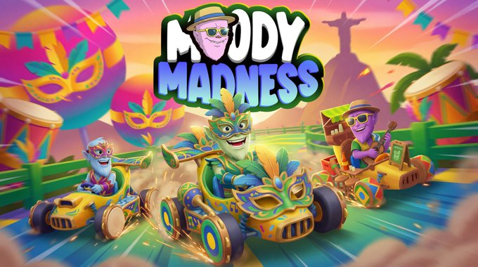 The image shows a vibrant promotional graphic titled "MOODY MADNESS" featuring colorful, carnival-themed characters in decorated go-karts racing along a track with Brazilian mask decorations and a Christ the Redeemer silhouette in the background, tying into the Brazilian Carnival theme of the upcoming Season 11 launch.