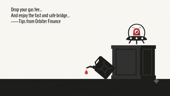 An Orbiter Finance branded graphic features a stylized UFO refueling a tilted fuel can next to a black bridge structure, with text reading "Drop your gas fee... And enjoy the fast and safe bridge... ——Tips from Orbiter Finance." The image humorously illustrates the post's message about checking your destination balance before bridging, as the empty fuel can and dripping droplet symbolize stranded funds from forgotten gas fees.