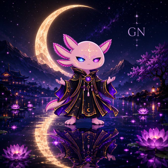 A fantasy digital illustration shows a small axolotl-like creature in an ornate purple robe standing on water beneath a glowing crescent moon, with "GN" text displayed in the sky.
