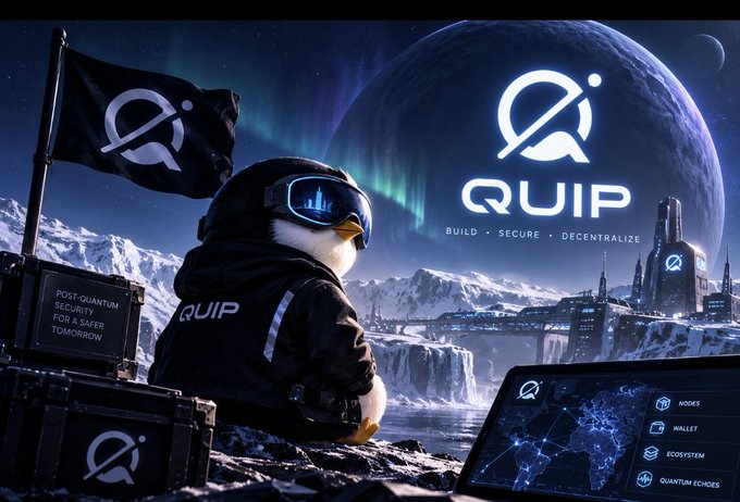 A promotional image for "QUIP" features a penguin in a QUIP jacket and ski goggles against a sci-fi arctic backdrop, with the tagline "BUILD • SECURE • DECENTRALIZE" and a laptop showing nodes, wallet, ecosystem, and quantum echoes features.
