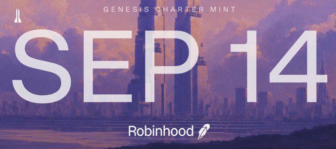 A promotional graphic with 'GENESIS CHARTER MINT' and large text 'SEP 14' over a purple-tinted cityscape, featuring the Robinhood logo.