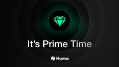 A black screen with a green diamond/gem icon and the text 'It's Prime Time' with 'Huma' branding below.