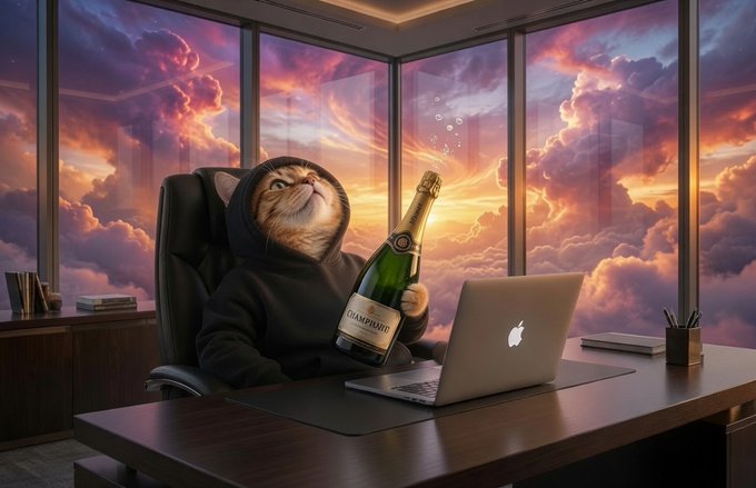 A cat in a black hoodie lounges in a high-rise office chair, casually holding a bottle of champagne next to an open MacBook, with a breathtaking sunset sky filling the floor-to-ceiling windows behind him. The "CHAMPAGNE" bottle label is visible, symbolizing the celebration of $CATE's imminent reversal and the FOMO shockwave the poster is predicting.
