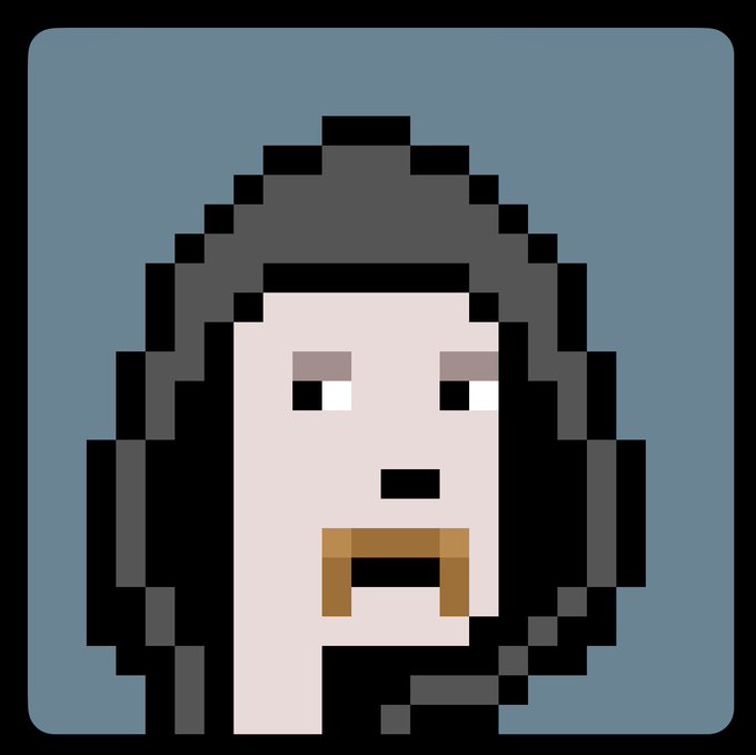 Pixel art portrait of a pale-skinned figure with shoulder-length dark hair and a brown goatee against a blue-gray background.