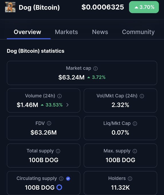 A cryptocurrency statistics page displays 'Dog (Bitcoin)' trading at $0.0006325, up 3.70%, with a market cap of $63.24M, volume of $1.46M, and 100B DOG in total supply.