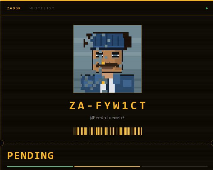 A pixel-art avatar of a bearded man wearing a blue cap and jacket appears on a dark ZADDR WHITELIST application screen displaying the unique identifier "ZA-FYW1CT" and username "@Predatorweb3" with a barcode, marked "PENDING" at the bottom—showing the user's submission awaiting approval for the Zcash NFT collection mint.