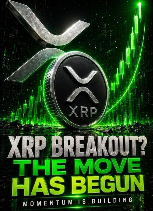 A dramatic XRP-themed graphic features a silver Ripple coin centered against a black background with green financial chart lines, alongside bold text reading "XRP BREAKOUT? THE MOVE HAS BEGUN — MOMENTUM IS BUILDING." The visual reinforces the post's bullish sentiment by pairing the "breakout" messaging and "momentum is building" tagline with the claim of a historic bull run unfolding.