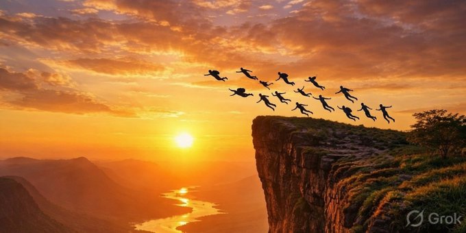 A silhouette of people leaping off a cliff edge in a coordinated dive against a vibrant orange sunset sky, with a river winding through mountains below; a 'Grok' watermark appears in the corner.