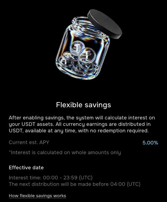 A crypto savings interface titled 'Flexible savings' advertises 5.00% APY on USDT assets, illustrated with a glass jar containing tether (₮) coins.