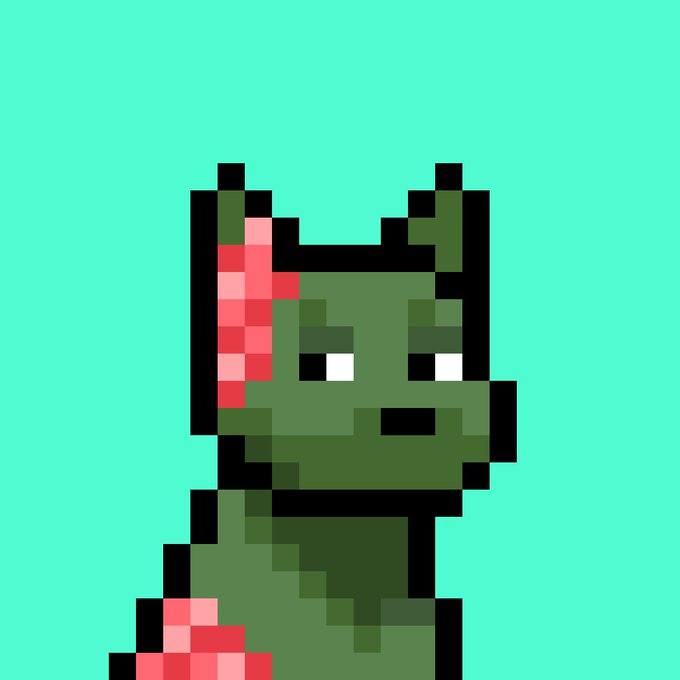 A pixel art green dragon with a red mane and tail tuft on a teal background, fitting the "doginaldogs" meme theme by featuring a stylized creature similar to a Doge-like mascot.