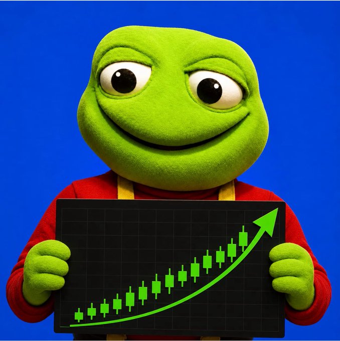 A 3D-rendered Pepe the Frog character smiles while holding a black board displaying a green upward-trending candlestick chart and arrow.
