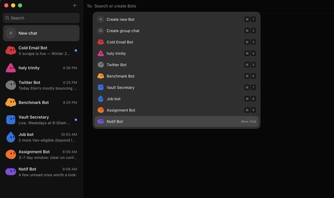 A dark-themed messaging app interface showing a list of chat bots including 'Cold Email Bot', 'holy trinity', 'Twitter Bot', 'Benchmark Bot', 'Vault Secretary', 'Job bot', 'Assignment Bot', and 'Notif Bot'.