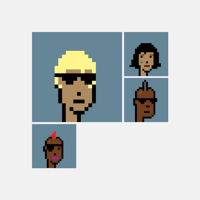 A pixel art illustration featuring four stylized character portraits on gray backgrounds, including a blonde-haired figure wearing sunglasses and three darker-skinned figures.