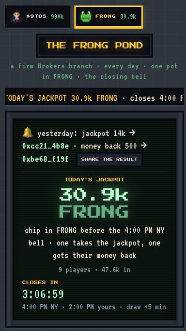 A dark-themed jackpot tracker page titled 'THE FRONG POND' showing 'TODAY'S JACKPOT 30.9k FRONG' with yesterday's results (jackpot 14k, winners 0xcc21_4b8e and 0xbe68_f19f), 9 players, 47.6k in the pot, and a closing countdown of 3:06:59 until the 4:00 PM NY bell.