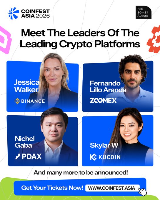 An advertisement for Coinfest Asia 2026 in Bali on August 20-21, featuring speakers Jessica Walker (Binance), Fernando Lillo Aranda (Zoomex), Nichel Gaba (PDAX), and Skylar W (Kucoin), with a call to 'Get Your Tickets Now!' at www.coinfest.asia.