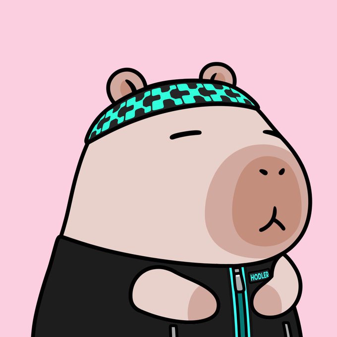 A cartoon illustration of a chubby bear-like character wearing a black jacket with cyan accents and a cyan patterned headband, with the word "HODLER" on the jacket, set against a pink background.