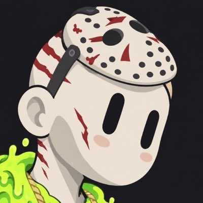 An illustration of a cute, stylized character wearing a white hockey mask with red markings and a green slime-textured jacket.