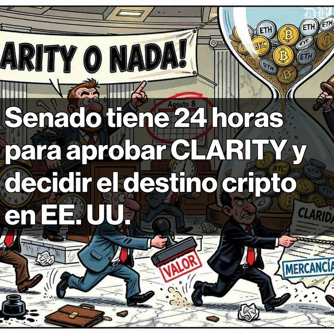 A political cartoon illustration is overlaid with Spanish text: "Senado tiene 24 horas para aprobar CLARITY y decidir el destino cripto en EE.UU:"