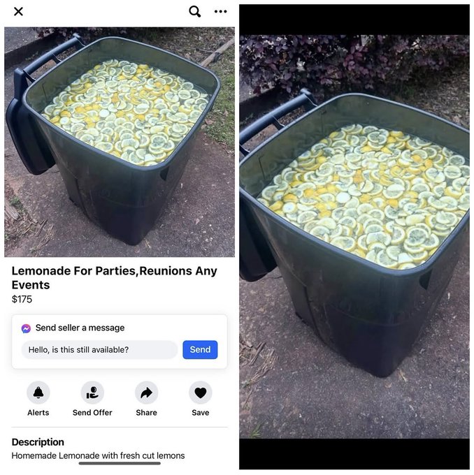 The image shows a black plastic container filled with lemonade or lemon slices placed outdoors. There are two photos of the same container - one showing the container full of lemonade and another photo of the container without any liquid, possibly for sale. The caption on the image reads "Ripple XRP for Banks, Institutions Any Bagholders".