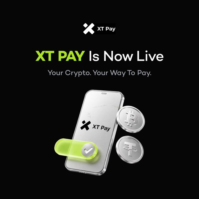 Promotional graphic with black background announcing 'XT PAY Is Now Live' with the tagline 'Your Crypto. Your Way To Pay.', featuring a smartphone displaying the XT Pay logo alongside Bitcoin and Tether coin graphics.
