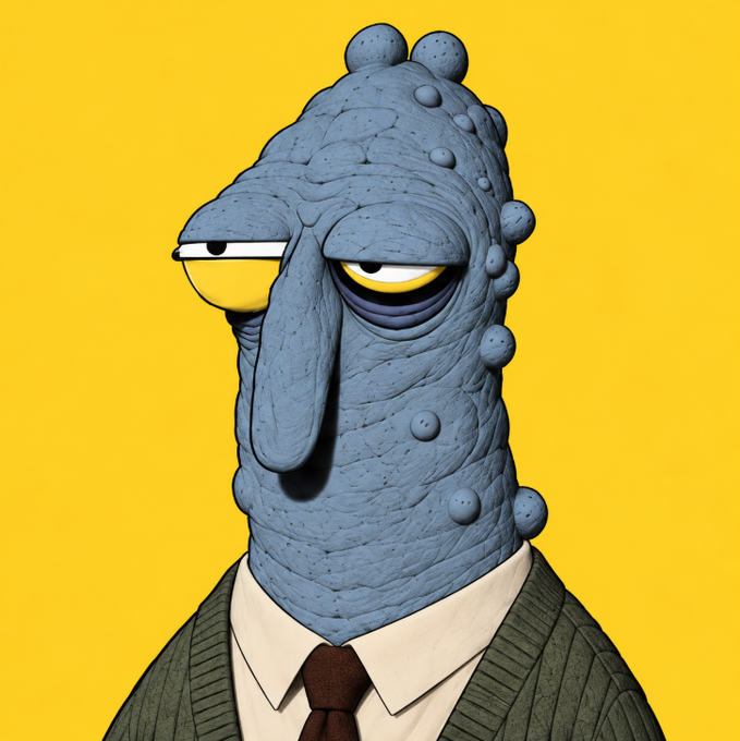 A gray, warty-faced cartoon character with a long drooping nose and tired, half-lidded eyes wears a green cardigan over a collared shirt and red tie against a bright yellow background, conveying a weary, defeated expression that humorously matches the post's tone of giving up and needing more than 555.