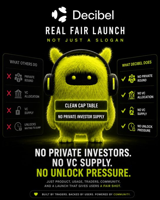 "What does @DecibelTrade fair launch say about their focus?"
The main focus of this advertisement for Decibel trade is the real fair launch and the importance of a cap table, which is something that users don't usually see when looking at tokenomics.
